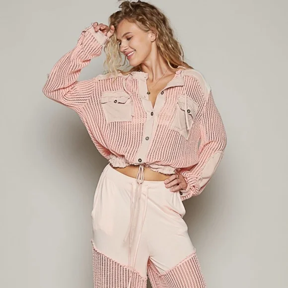 New POL Open Knit See Through Button Down Hoodie Top Frayed Edges Long Sleeve - Picture 4 of 5